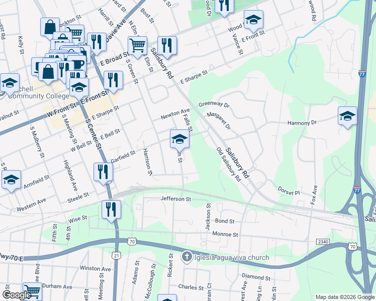 map of restaurants, bars, coffee shops, grocery stores, and more near 410 Garfield Street in Statesville
