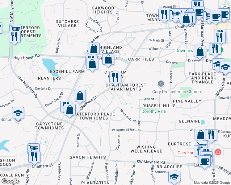 map of restaurants, bars, coffee shops, grocery stores, and more near 224 Vista Creek Place in Cary