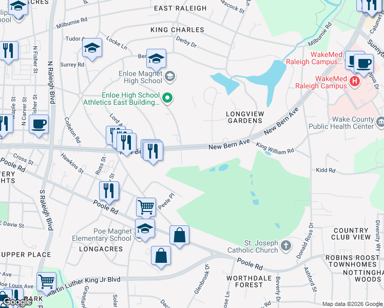 map of restaurants, bars, coffee shops, grocery stores, and more near 2306 New Bern Avenue in Raleigh