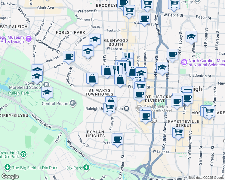 map of restaurants, bars, coffee shops, grocery stores, and more near 110 South Boylan Avenue in Raleigh