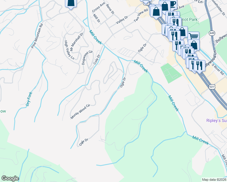 map of restaurants, bars, coffee shops, grocery stores, and more near 508 Ogle Drive in Pigeon Forge