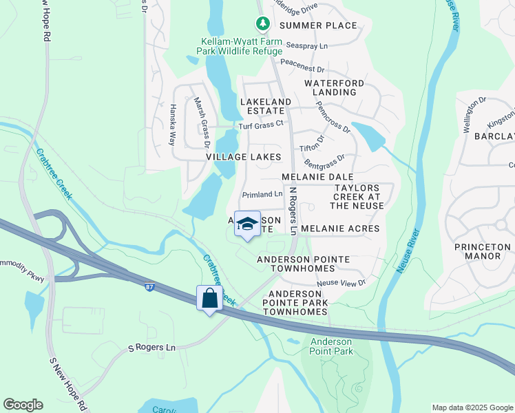 map of restaurants, bars, coffee shops, grocery stores, and more near 5141 Busted Rock Trail in Raleigh