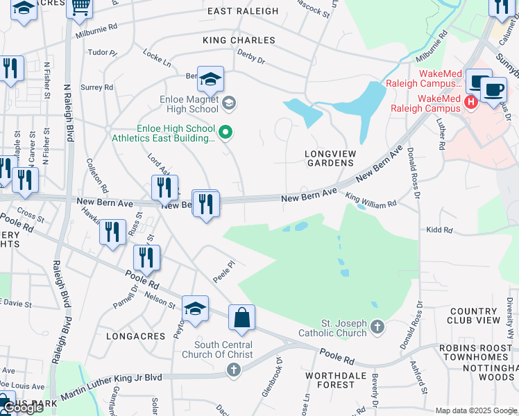 map of restaurants, bars, coffee shops, grocery stores, and more near 2306 New Bern Avenue in Raleigh