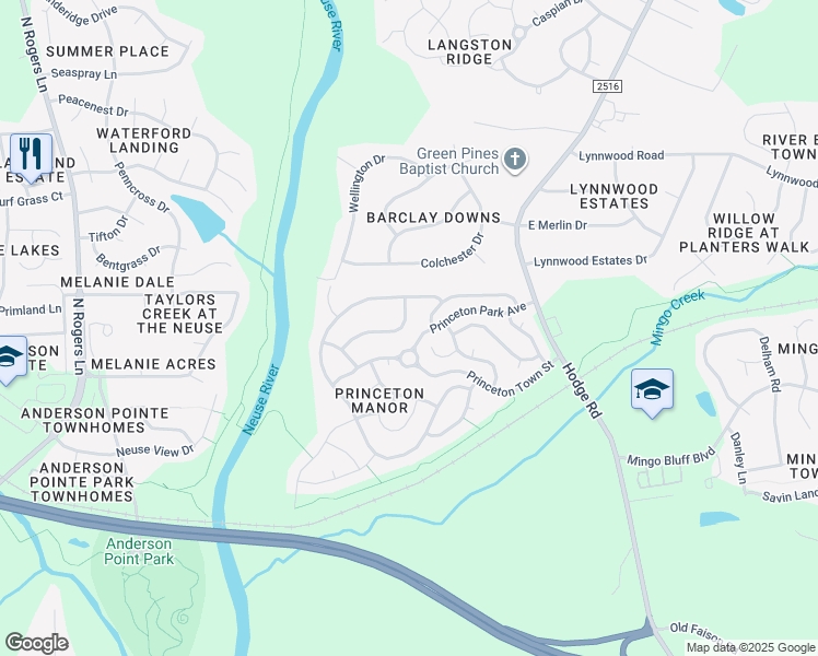map of restaurants, bars, coffee shops, grocery stores, and more near 1009 Lyndhurst Falls Lane in Knightdale