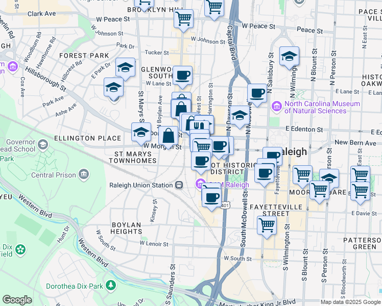 map of restaurants, bars, coffee shops, grocery stores, and more near 102 South West Street in Raleigh