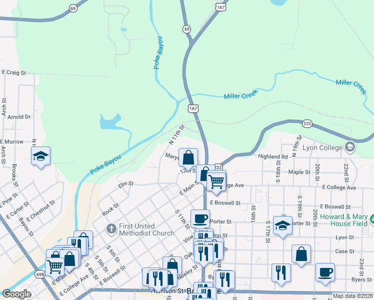 map of restaurants, bars, coffee shops, grocery stores, and more near 243 Cedarwood Drive in Batesville
