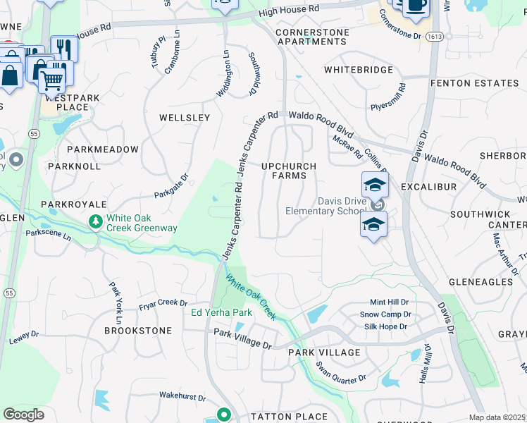 map of restaurants, bars, coffee shops, grocery stores, and more near 2117 Roland Glen Road in Cary
