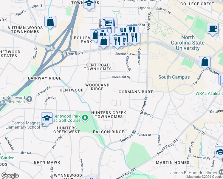 map of restaurants, bars, coffee shops, grocery stores, and more near 3956 Marcom Street in Raleigh