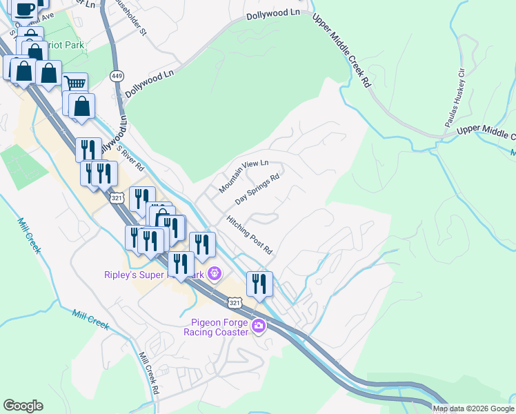 map of restaurants, bars, coffee shops, grocery stores, and more near 414 Stirrup Lane in Pigeon Forge