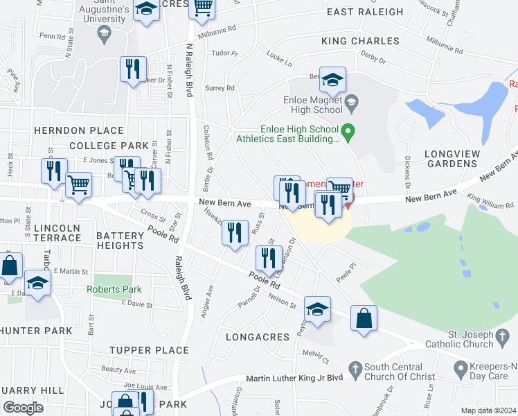 map of restaurants, bars, coffee shops, grocery stores, and more near 1944 New Bern Avenue in Raleigh