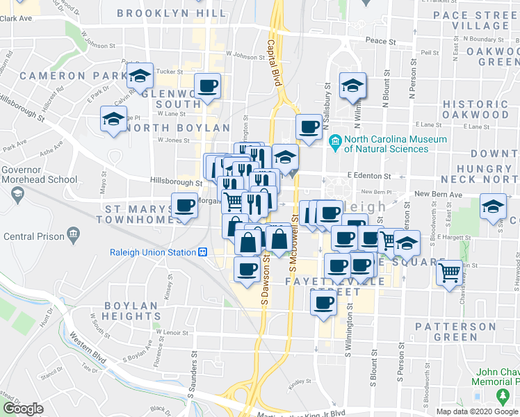 map of restaurants, bars, coffee shops, grocery stores, and more near 101 South Dawson Street in Raleigh