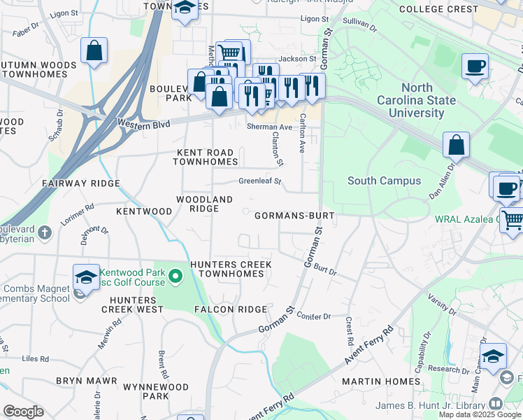 map of restaurants, bars, coffee shops, grocery stores, and more near 3904 Marcom Street in Raleigh
