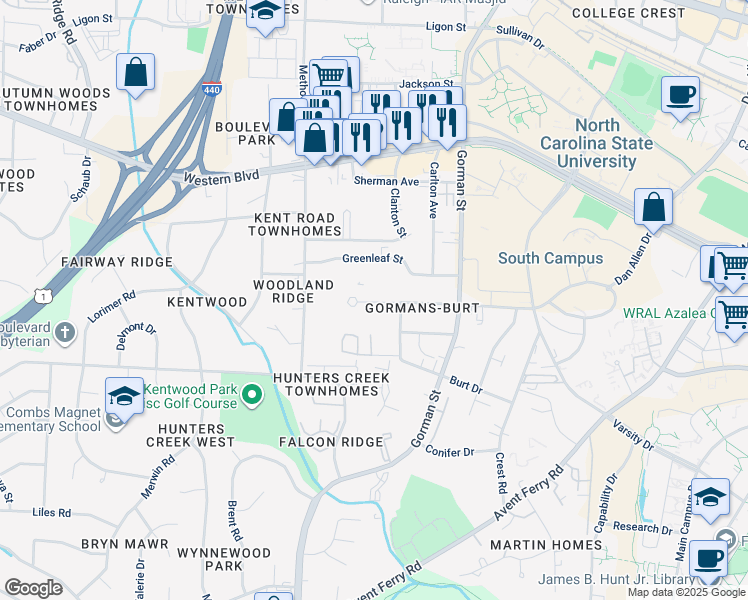 map of restaurants, bars, coffee shops, grocery stores, and more near 3908 Marcom Street in Raleigh