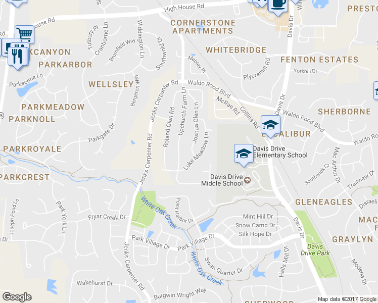 map of restaurants, bars, coffee shops, grocery stores, and more near 350 Luke Meadow Lane in Cary