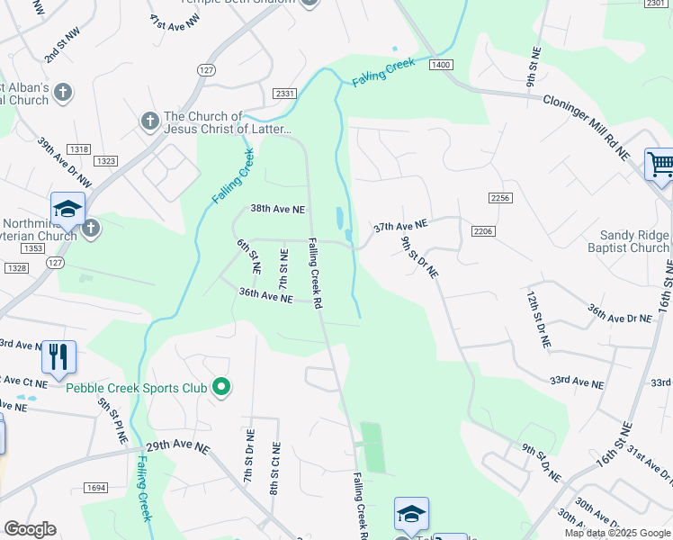 map of restaurants, bars, coffee shops, grocery stores, and more near 3640 Falling Creek Road in Hickory