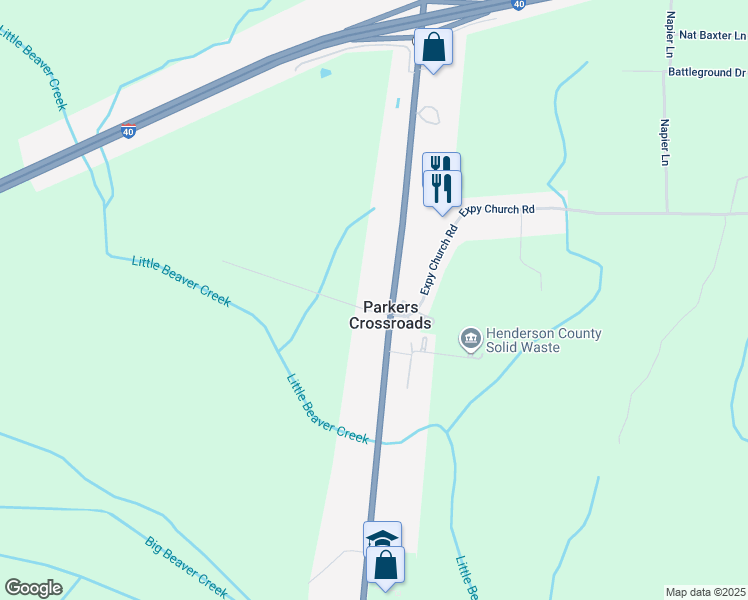 map of restaurants, bars, coffee shops, grocery stores, and more near in Parkers Crossroads