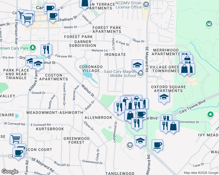 map of restaurants, bars, coffee shops, grocery stores, and more near 215 Mayodan Drive in Cary