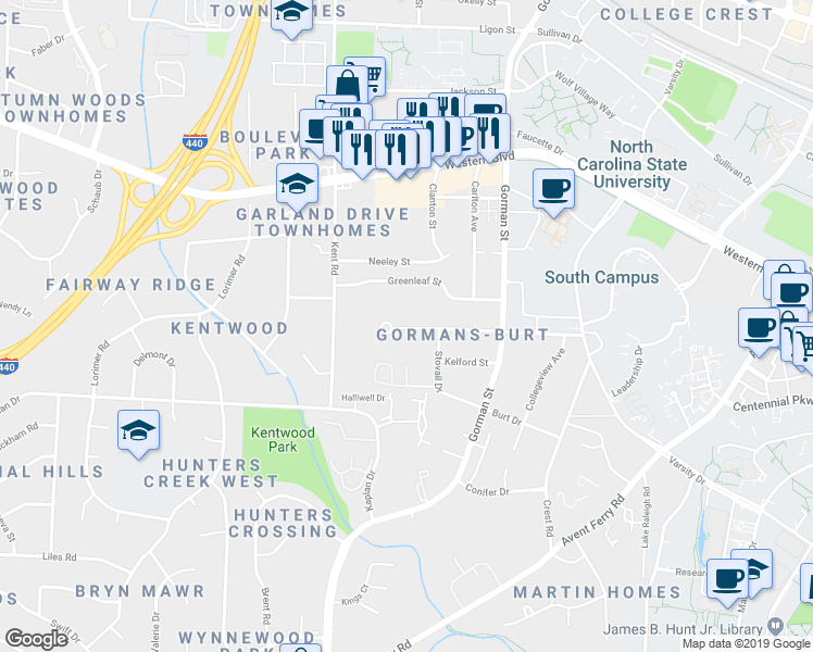 map of restaurants, bars, coffee shops, grocery stores, and more near 3918 Marcom Street in Raleigh