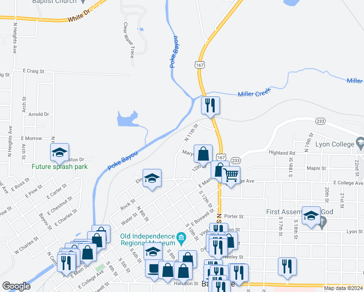 map of restaurants, bars, coffee shops, grocery stores, and more near North 11th Street in Batesville