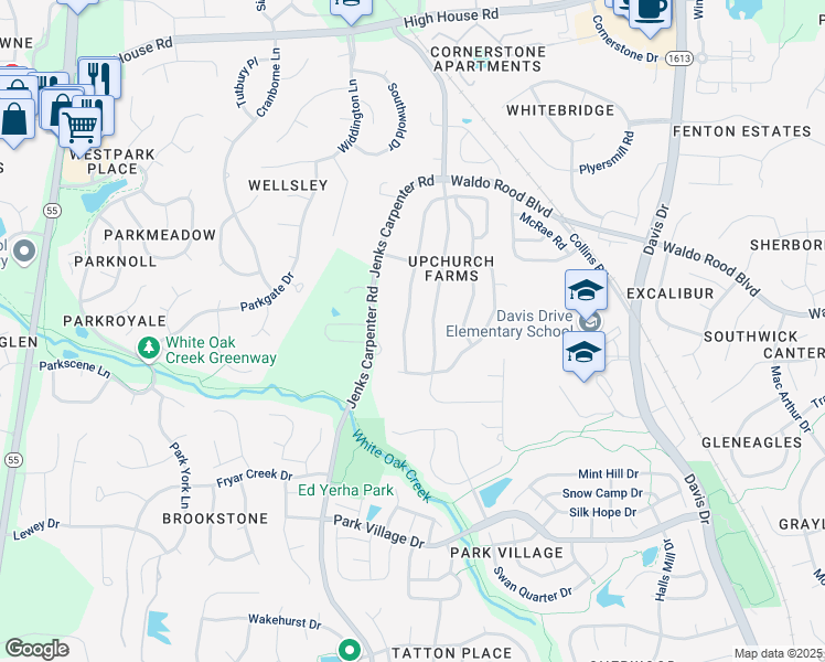 map of restaurants, bars, coffee shops, grocery stores, and more near 2117 Roland Glen Road in Cary