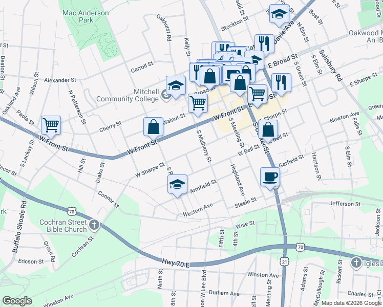map of restaurants, bars, coffee shops, grocery stores, and more near 435 West Sharpe Street in Statesville