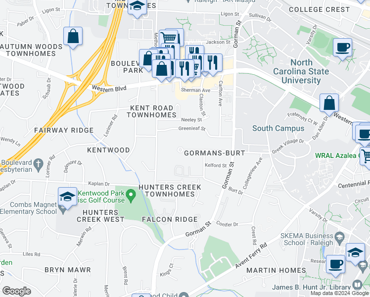 map of restaurants, bars, coffee shops, grocery stores, and more near 3946 Marcom Street in Raleigh