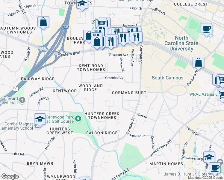 map of restaurants, bars, coffee shops, grocery stores, and more near 3938 Marcom Street in Raleigh