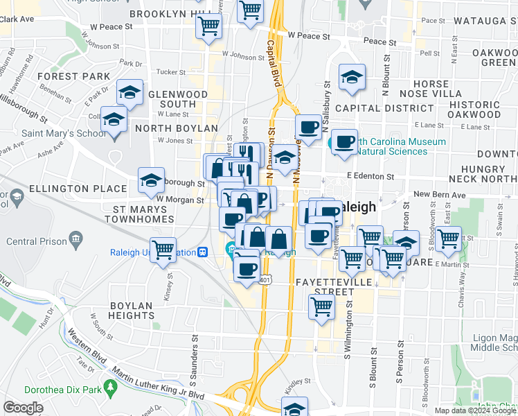 map of restaurants, bars, coffee shops, grocery stores, and more near 317 East Morgan Street in Raleigh