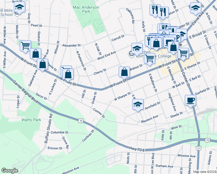 map of restaurants, bars, coffee shops, grocery stores, and more near 706 West Front Street in Statesville