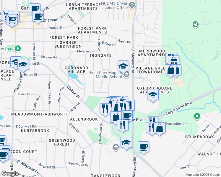 map of restaurants, bars, coffee shops, grocery stores, and more near 517 Ryan Road in Cary