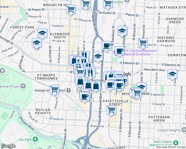 map of restaurants, bars, coffee shops, grocery stores, and more near 101 South Dawson Street in Raleigh
