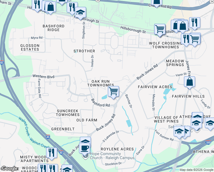 map of restaurants, bars, coffee shops, grocery stores, and more near 541 Oak Run Drive in Raleigh