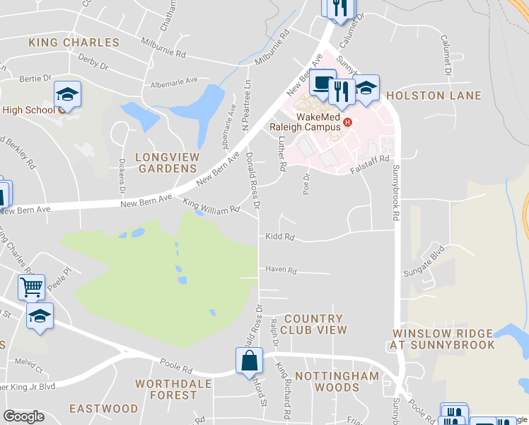 map of restaurants, bars, coffee shops, grocery stores, and more near 225 Donald Ross Drive in Raleigh