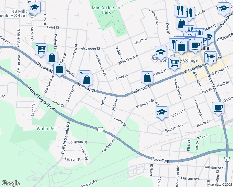 map of restaurants, bars, coffee shops, grocery stores, and more near 800 West Front Street in Statesville