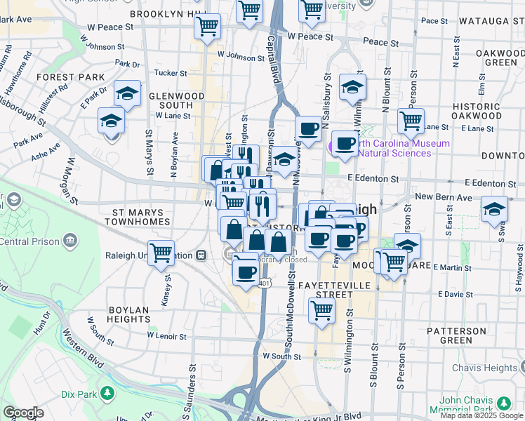 map of restaurants, bars, coffee shops, grocery stores, and more near 100 South Dawson Street in Raleigh