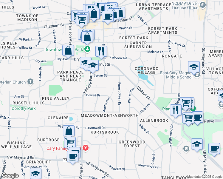 map of restaurants, bars, coffee shops, grocery stores, and more near 602 Austin Avenue in Cary