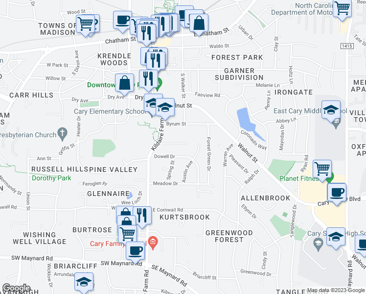 map of restaurants, bars, coffee shops, grocery stores, and more near 120 Pleasants Avenue in Cary
