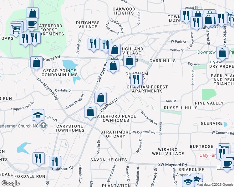 map of restaurants, bars, coffee shops, grocery stores, and more near 912 W Chatham St in Cary