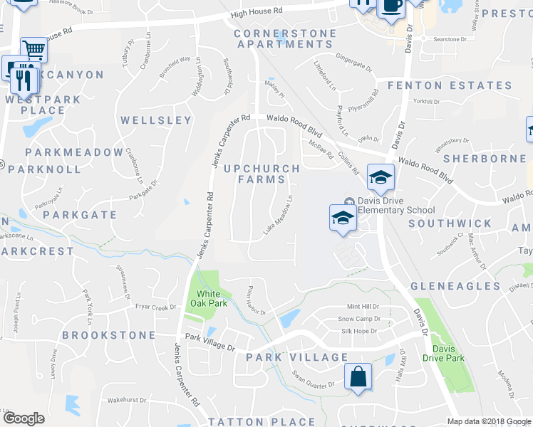 map of restaurants, bars, coffee shops, grocery stores, and more near 286 Joshua Glen Lane in Cary