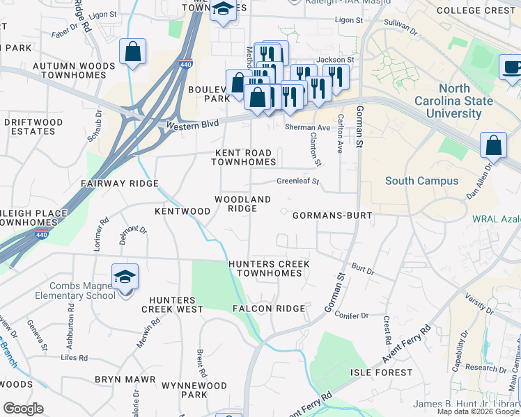 map of restaurants, bars, coffee shops, grocery stores, and more near 1313 Kent Road in Raleigh