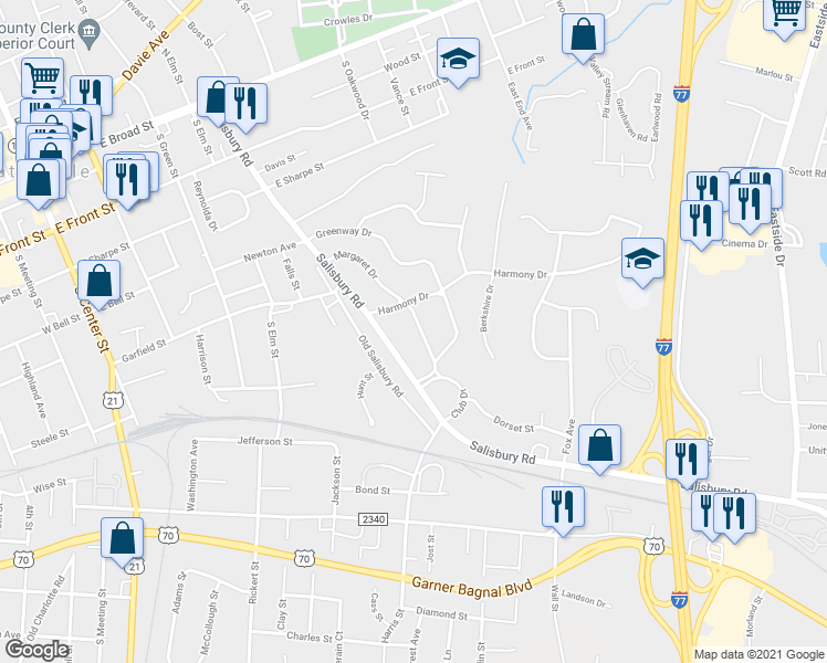 map of restaurants, bars, coffee shops, grocery stores, and more near 624 Margaret Drive in Statesville