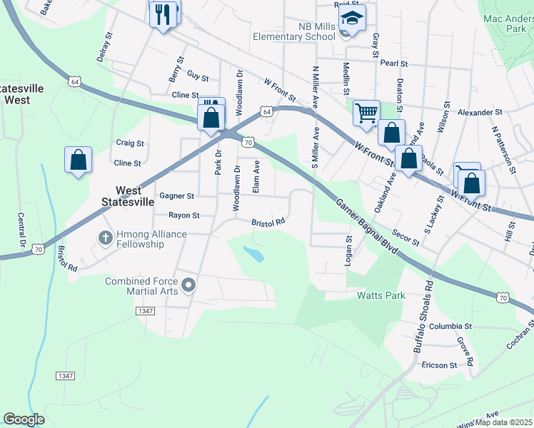 map of restaurants, bars, coffee shops, grocery stores, and more near 616 Bristol Terrace in Statesville