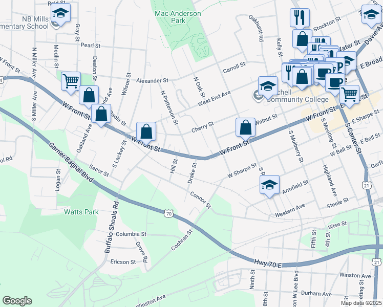 map of restaurants, bars, coffee shops, grocery stores, and more near 800 West Front Street in Statesville