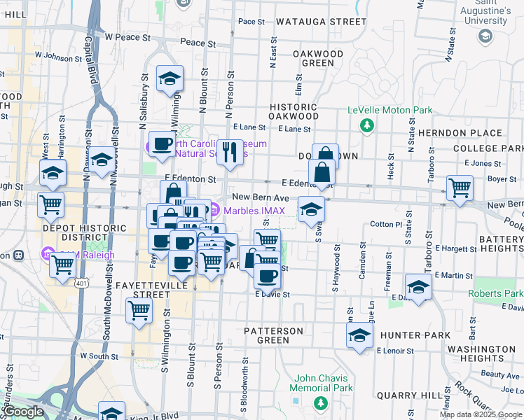 map of restaurants, bars, coffee shops, grocery stores, and more near 15 South Bloodworth Street in Raleigh