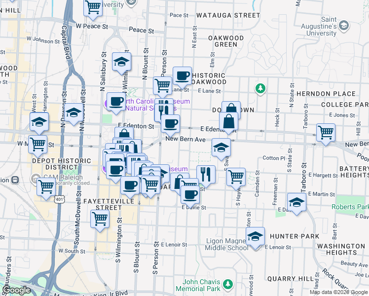 map of restaurants, bars, coffee shops, grocery stores, and more near 15 South Bloodworth Street in Raleigh