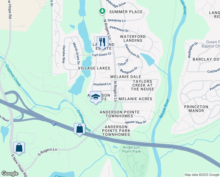 map of restaurants, bars, coffee shops, grocery stores, and more near 5173 Busted Rock Trail in Raleigh
