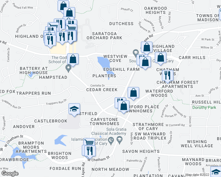 map of restaurants, bars, coffee shops, grocery stores, and more near 805 Castalia Drive in Cary