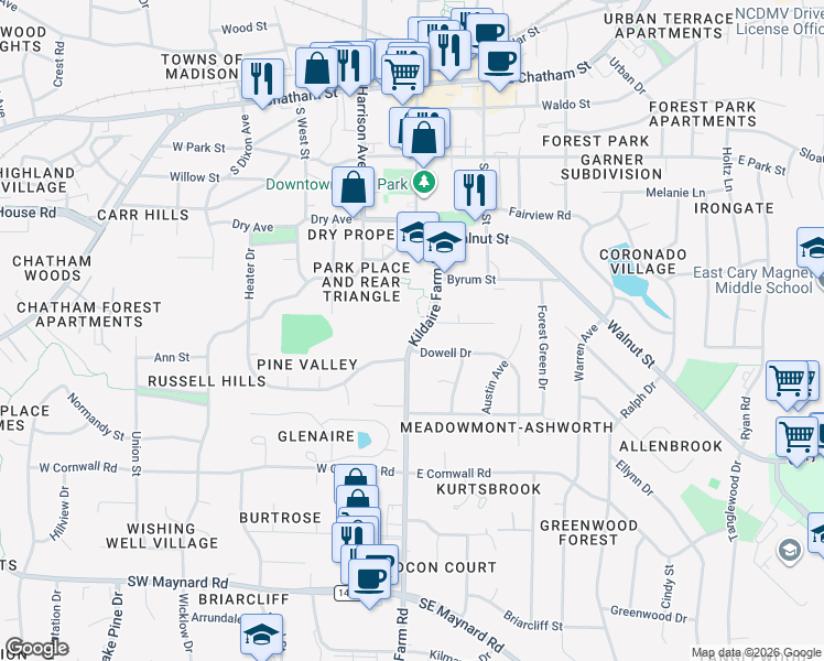 map of restaurants, bars, coffee shops, grocery stores, and more near 600 Kildaire Farm Rd in Cary
