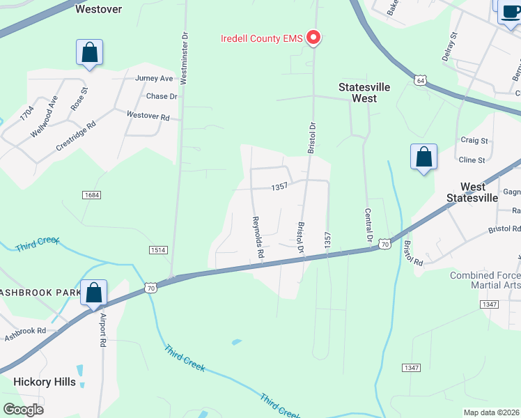 map of restaurants, bars, coffee shops, grocery stores, and more near 809 Reynolds Road in Statesville