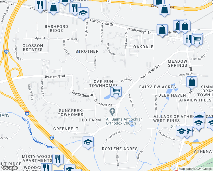 map of restaurants, bars, coffee shops, grocery stores, and more near 530 Oak Run Drive in Raleigh